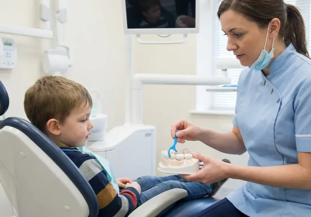 Dental hygienist showing a child how to clean between teeth using a floss pick in a calm clinic setting.