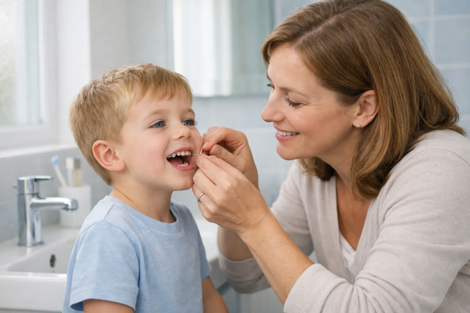 Parent helping a child clean between teeth, showing when kids may need support with flossing at home.
