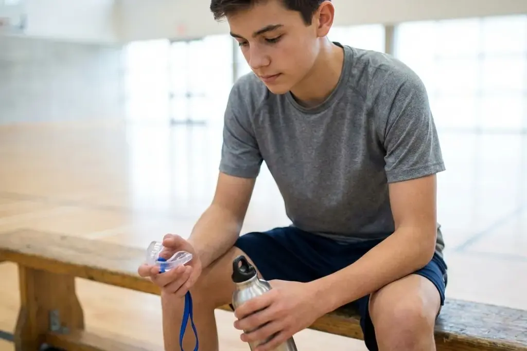 Teen athlete holding a mouthguard before training to help prevent dental injuries.