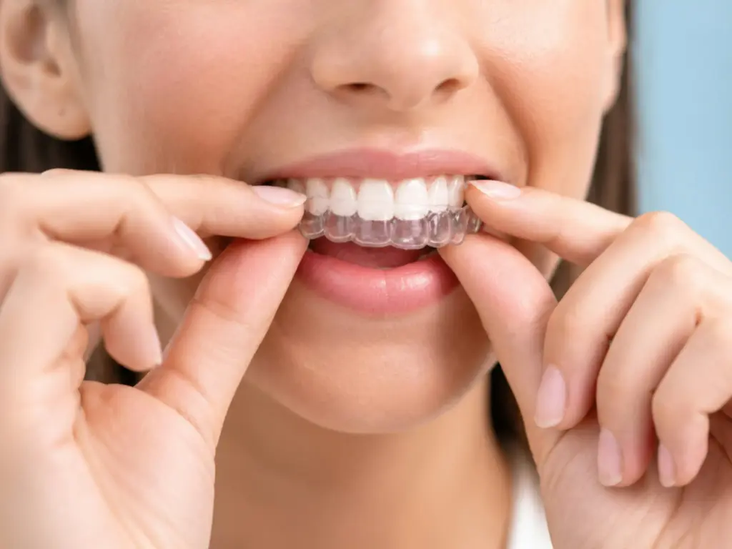 Adult fitting a clear aligner while considering Invisalign versus braces.